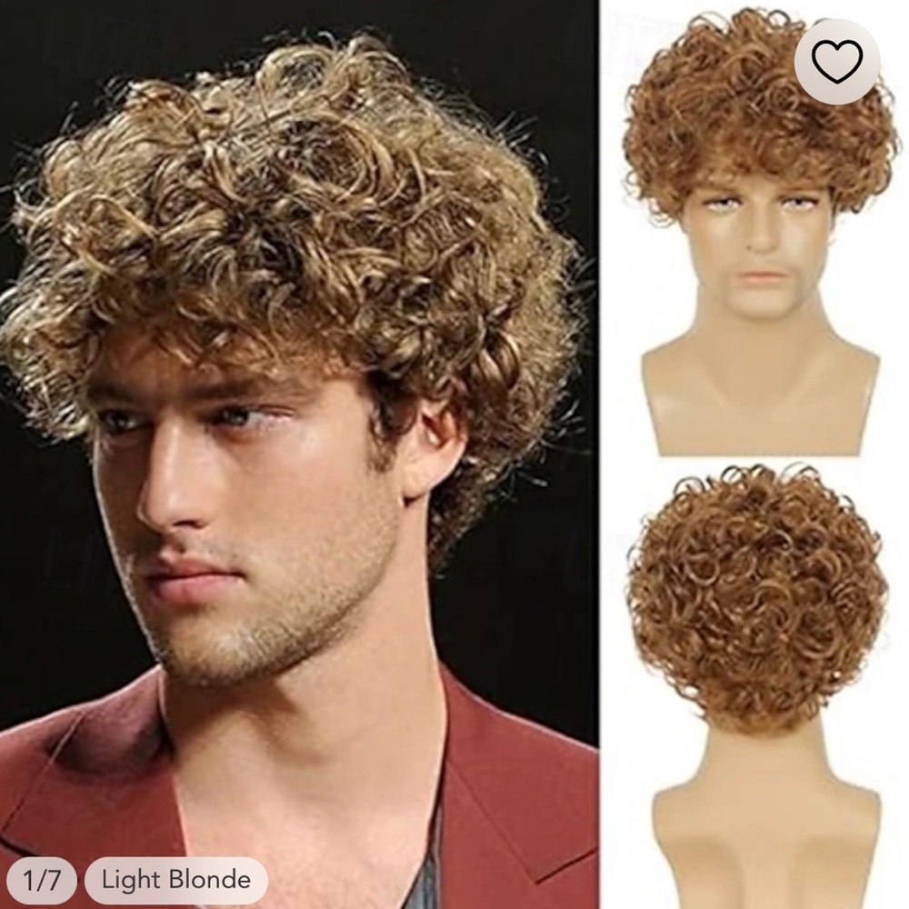 NEW Men’s Curly Light Brown Wig with Wig Cap